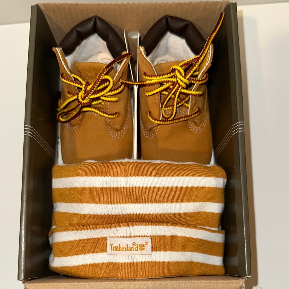 Timberland Brown Baby Booties and Striped Hat Set